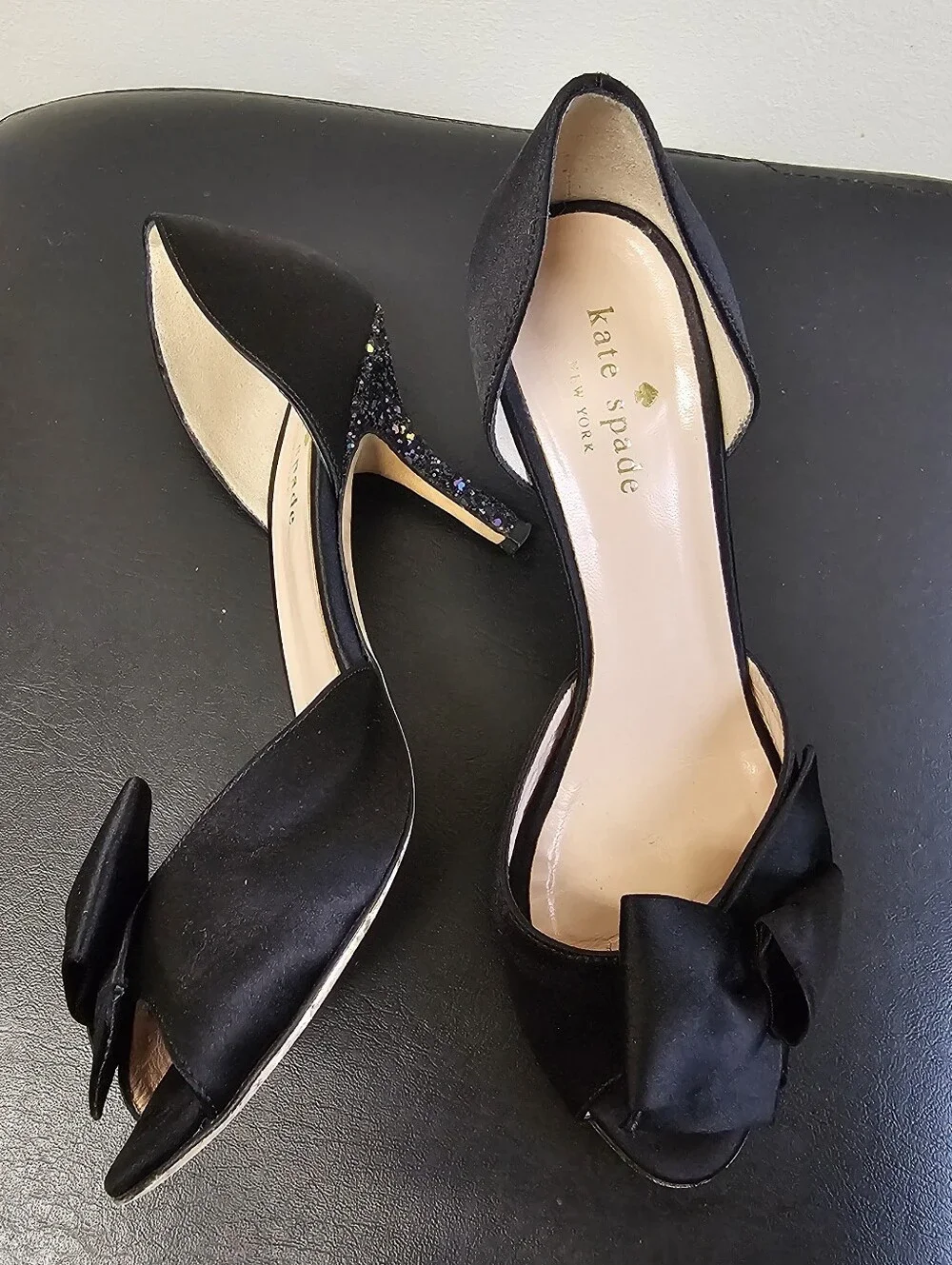 Kate Spade Sala Satin Bow D'Orsay Glitter Heel Pumps Black 6.5